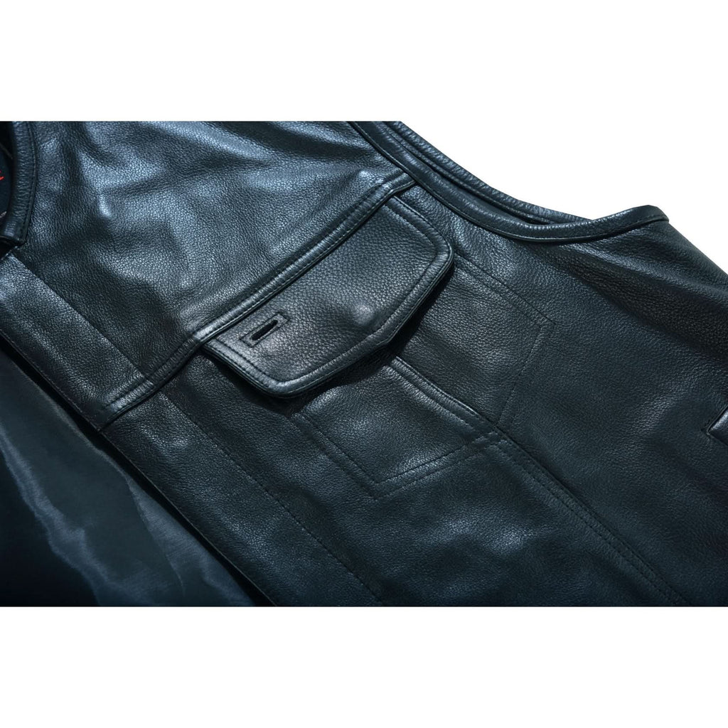 Men's Titan Black Leather Vest -  Milled Cowhide, Hidden Zipper