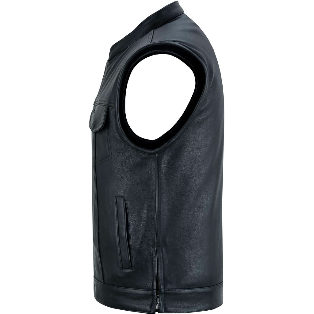 Highway Jack Men's Black Leather Motorcycle Vest Scoop Neck & Snap-Closure Pockets