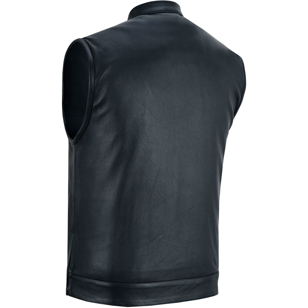 Highway Jack Men's Black Leather Motorcycle Vest Scoop Neck & Snap-Closure Pockets