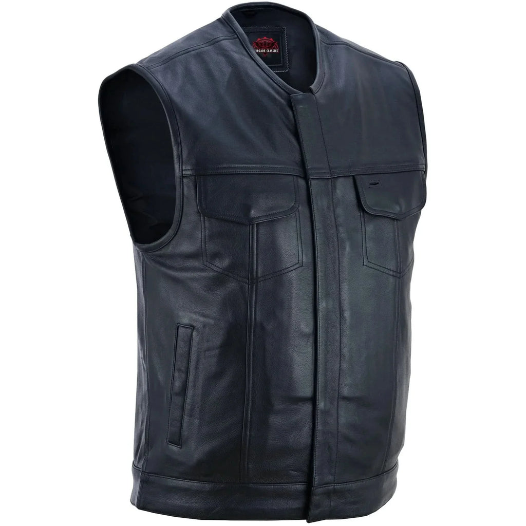 Men's Titan Black Leather Vest -  Milled Cowhide, Hidden Zipper