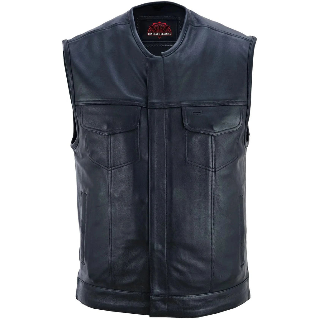 Men's Titan Black Leather Vest -  Milled Cowhide, Hidden Zipper