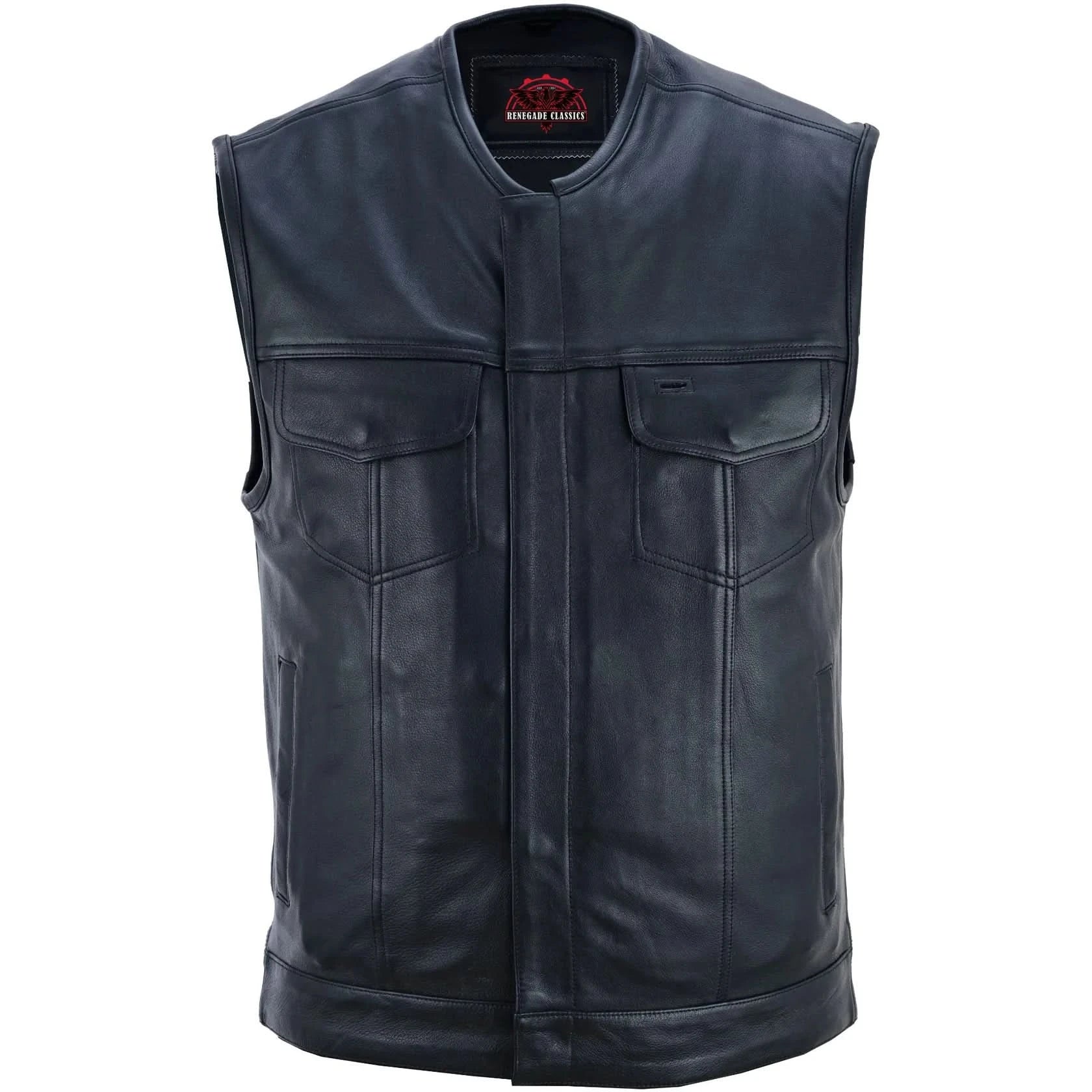 Men's Titan Black Leather Vest -  Milled Cowhide, Hidden Zipper