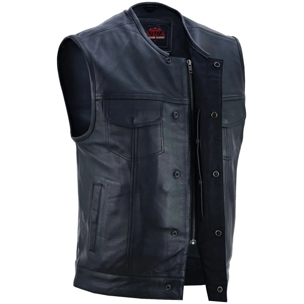 Men's Titan Black Leather Vest -  Milled Cowhide, Hidden Zipper