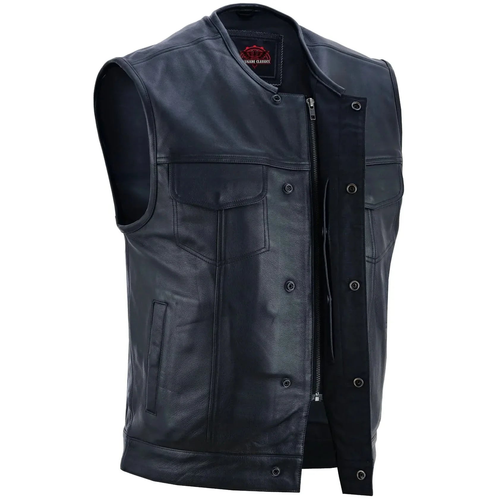 Men's Titan Black Leather Vest -  Milled Cowhide, Hidden Zipper