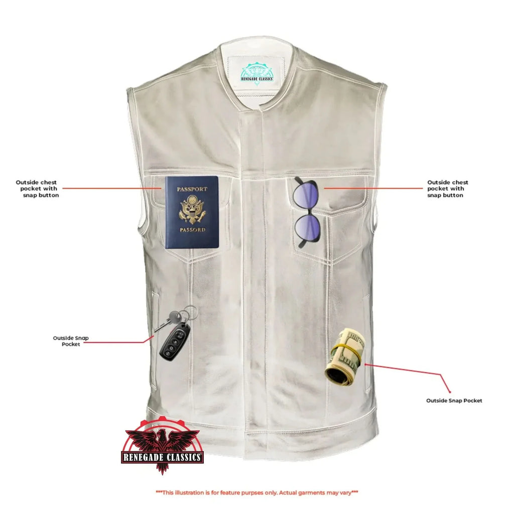 Men's Titan Black Leather Vest -  Milled Cowhide, Hidden Zipper