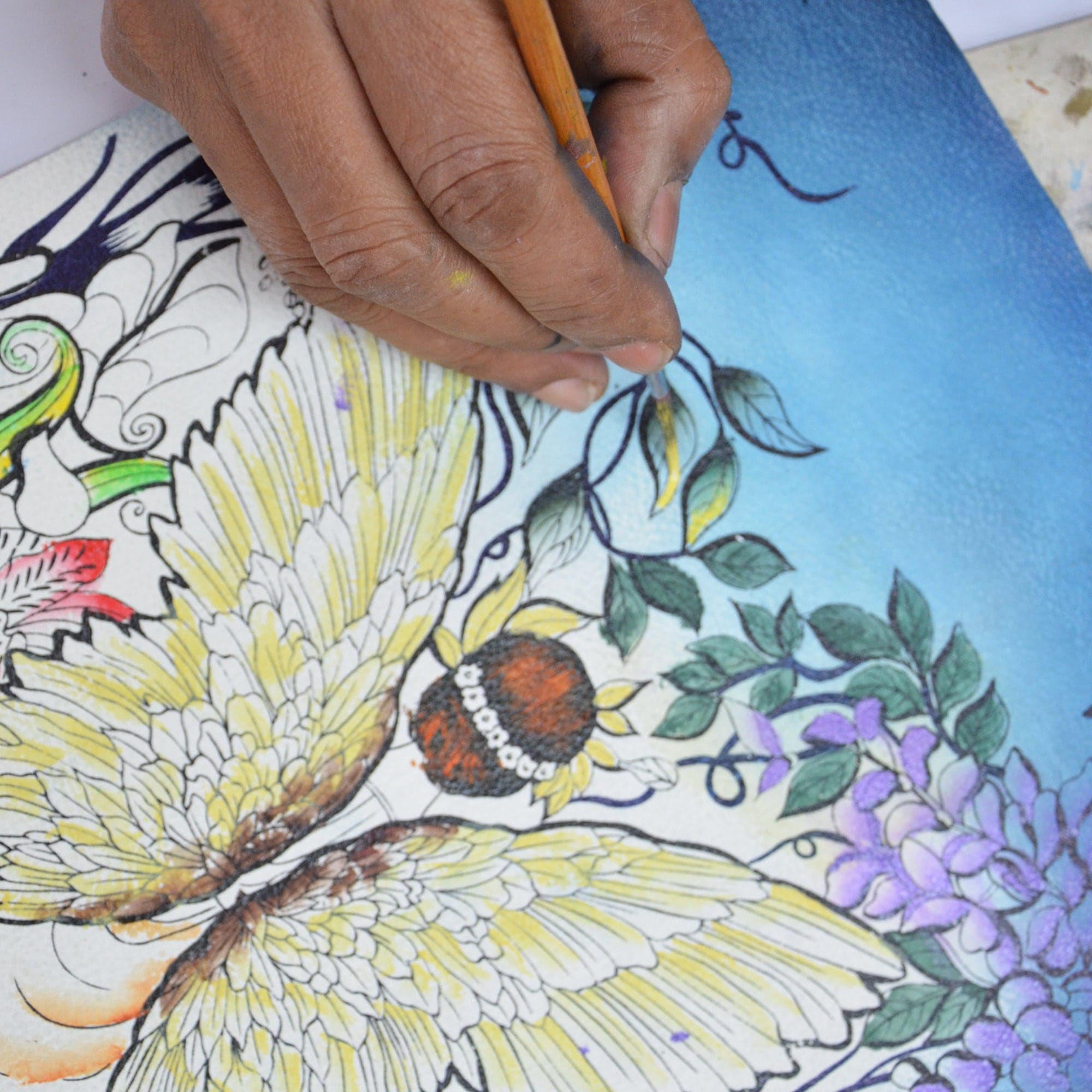 Medium Zip Pouch - 1107 butterfly Hand painted original artwork. Genuine leather
