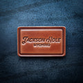 Jackson Hole Wyoming Script Leather Magnet Block Style