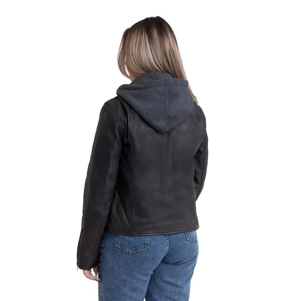 Camilla Women's Asymmetric Zipper Leather Jacket with Hoodie