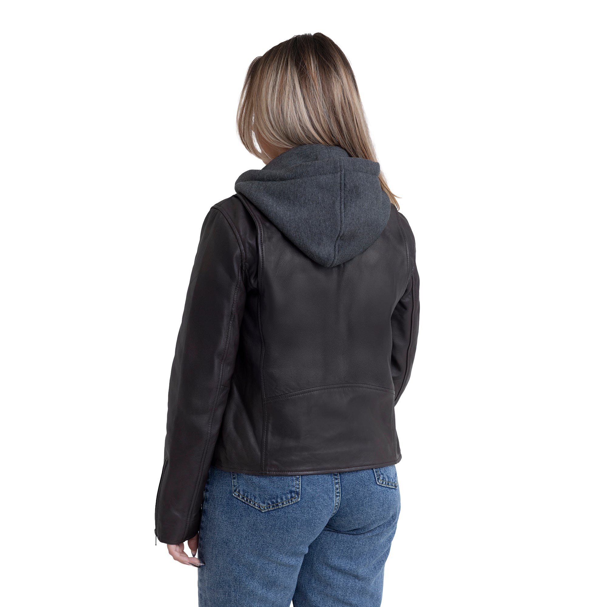 Camilla Women's Asymmetric Zipper Leather Jacket with Hoodie