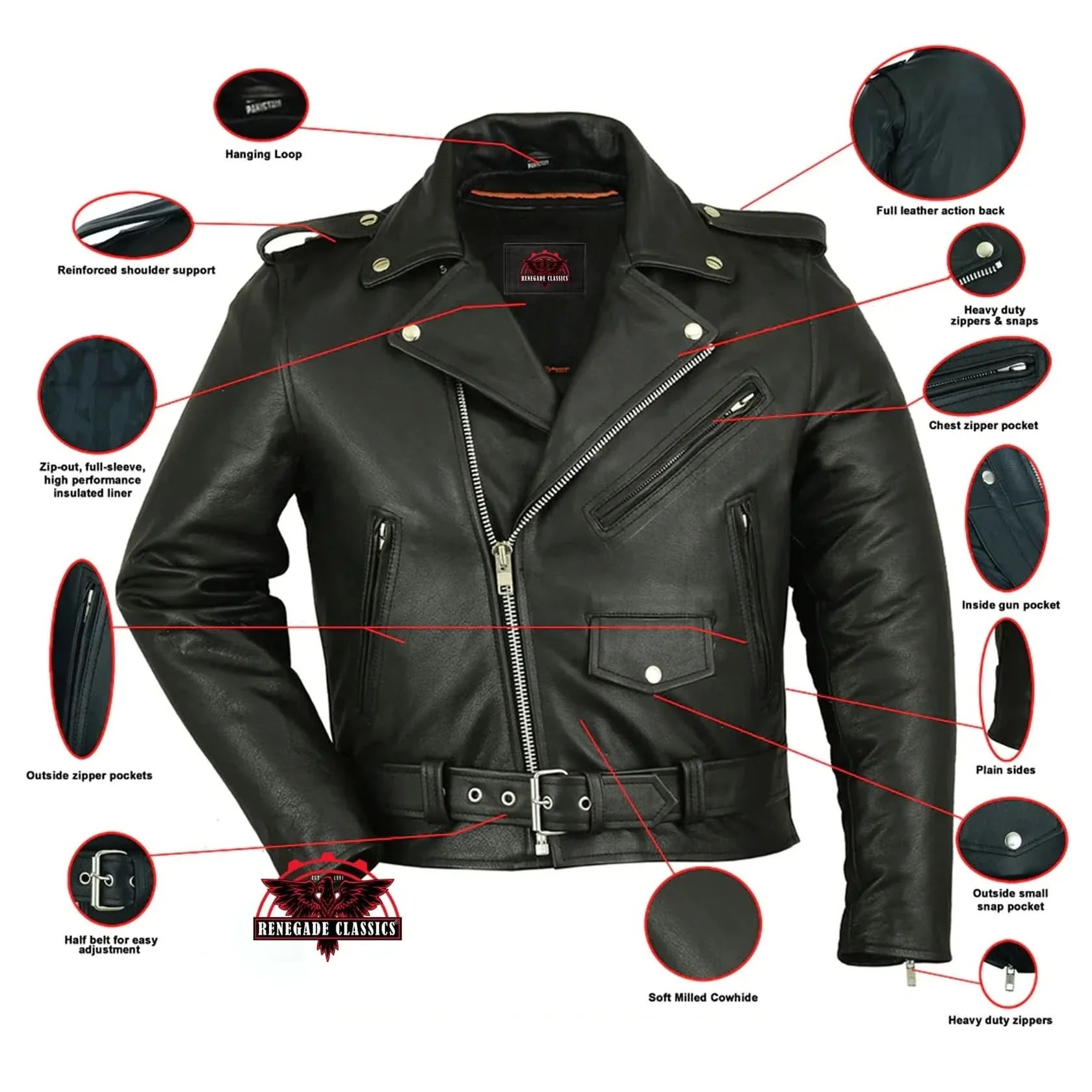 Men's Classic Plain Side Police Style Motorcycle Jacket - Black