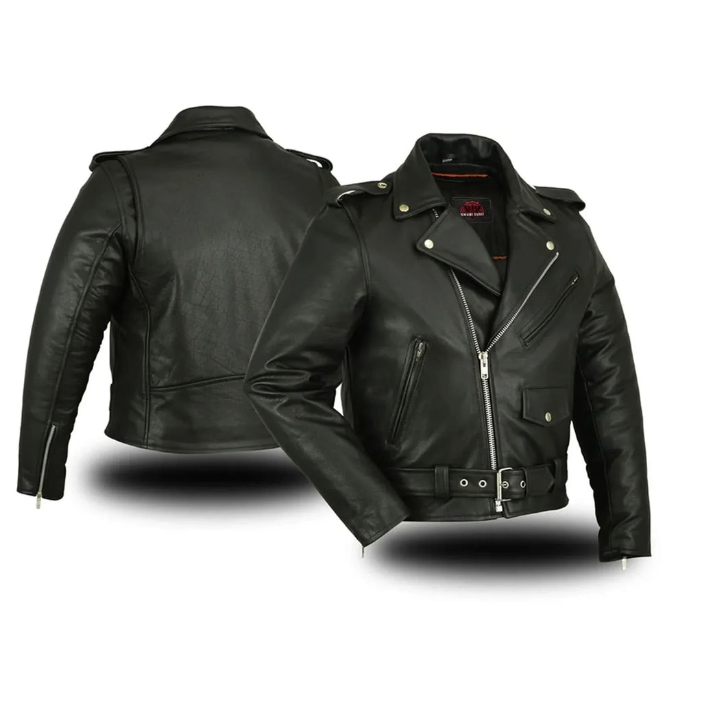Men's Classic Plain Side Police Style Motorcycle Jacket - Black