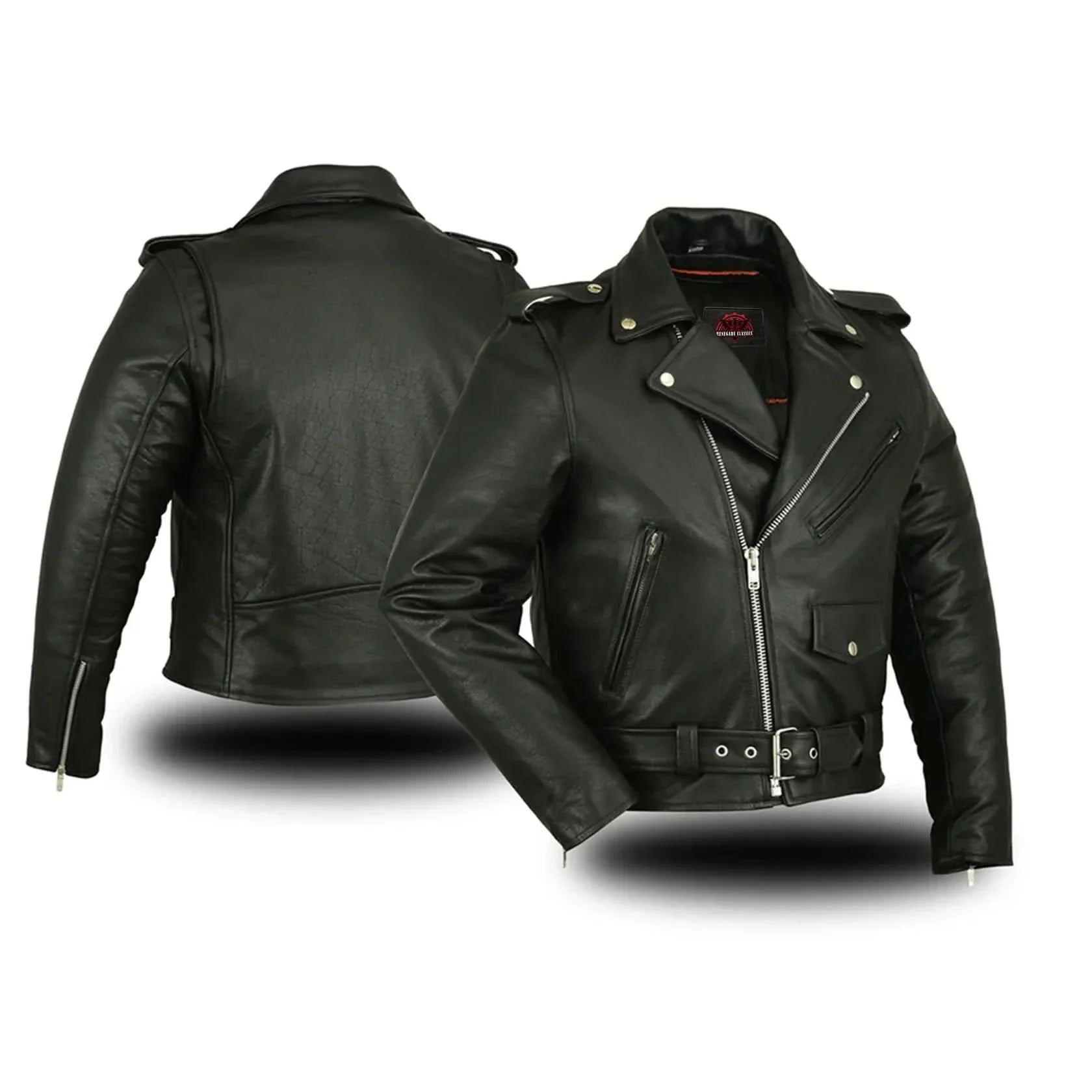 Men's Classic Plain Side Police Style Motorcycle Jacket - Black
