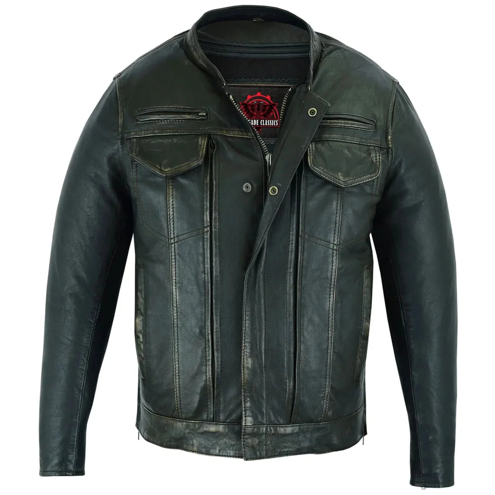 Men's Modern Utility Style Jacket in Lightweight Drum Dyed Distressed Naked Lambskin