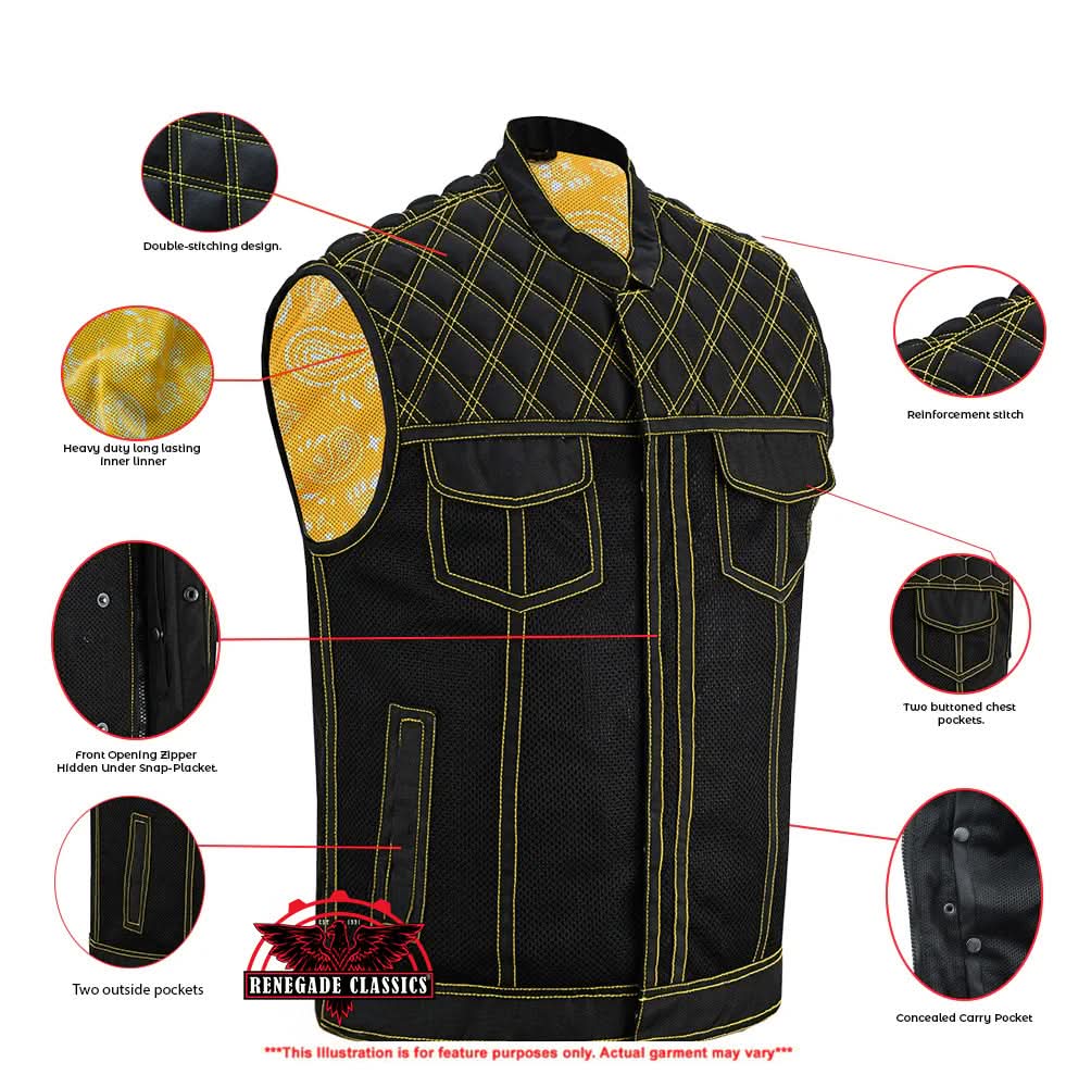 Nitro Rush Men's Black Mesh Textile Vest with Yellow Diamond Stitch