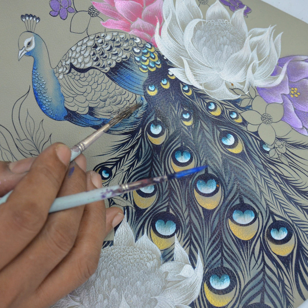 Medium Zip Pouch - 1107 Hand painted original artwork. Genuine leather - Peacock