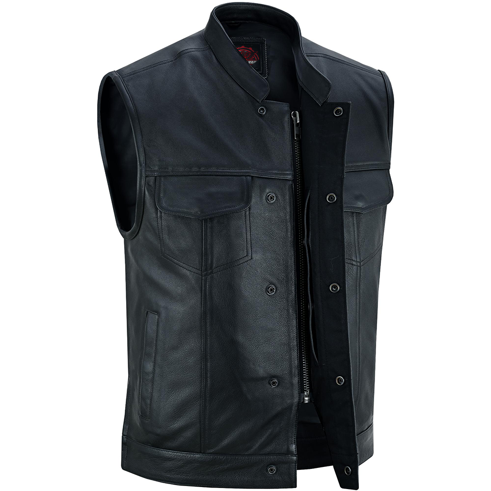 Highway Jack Men's Black Leather Motorcycle Vest Scoop Neck & Snap-Closure Pockets