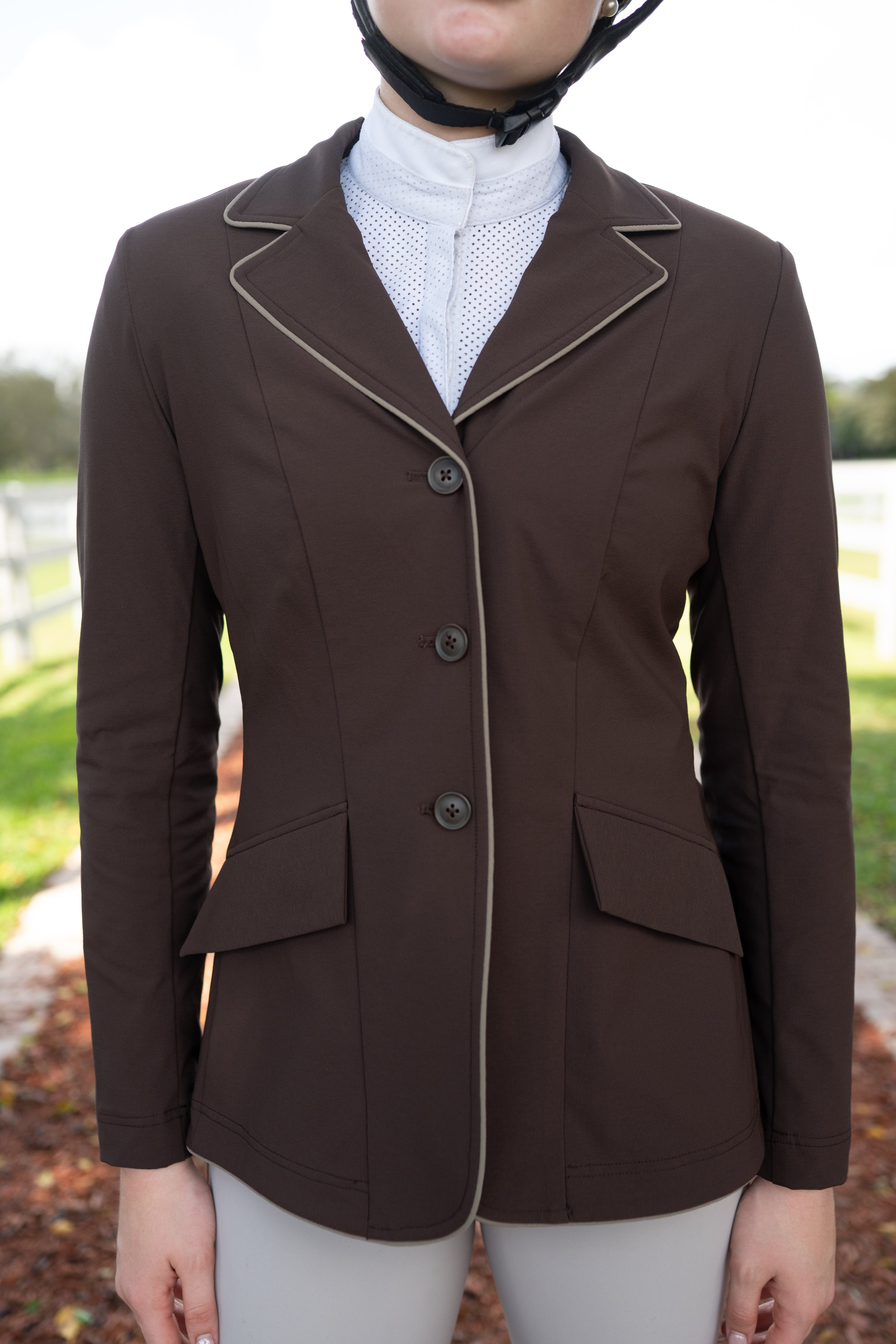 Grand Prix Ladies EQJ 3 Button Show Coat, Chocolate with Tan Piping