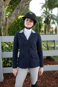 Grand Prix Ladies EQJ 3 Button Show Coat, Navy with Cadet Blue Collar