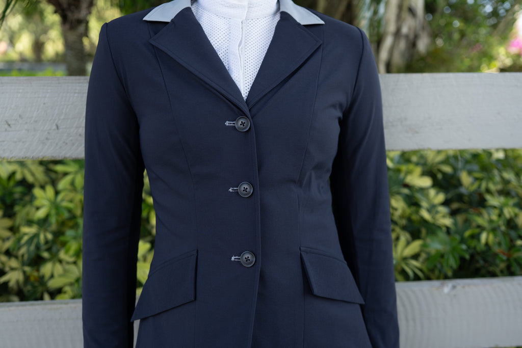 Grand Prix Ladies EQJ 3 Button Show Coat, Navy with Cadet Blue Collar