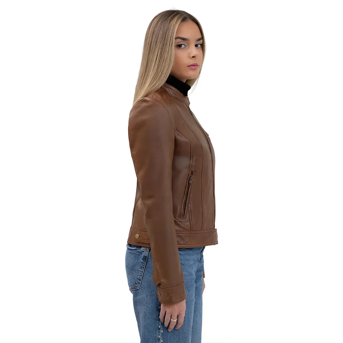 Sara Women's Single Snap Collar Leather Jacket