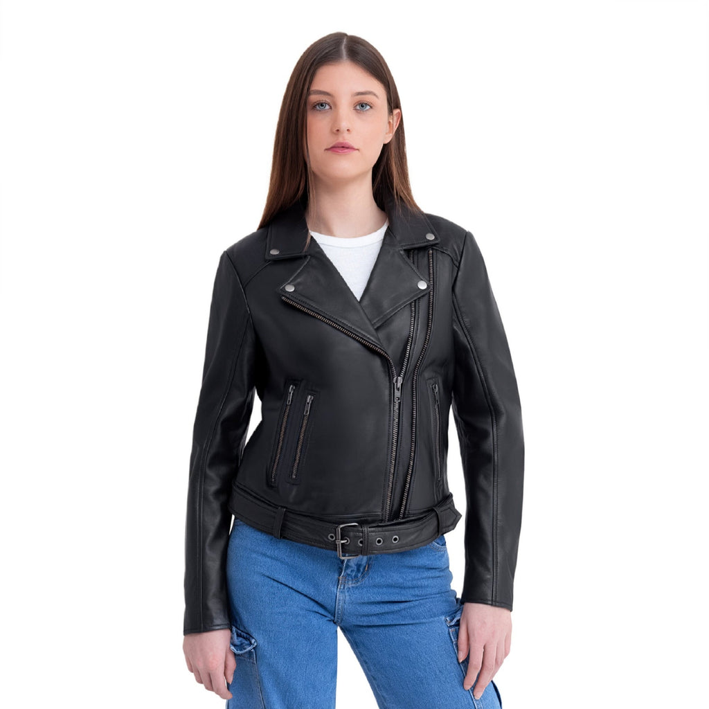 Adeline Women's Double Asymmetrical Zipper Leather Jacket