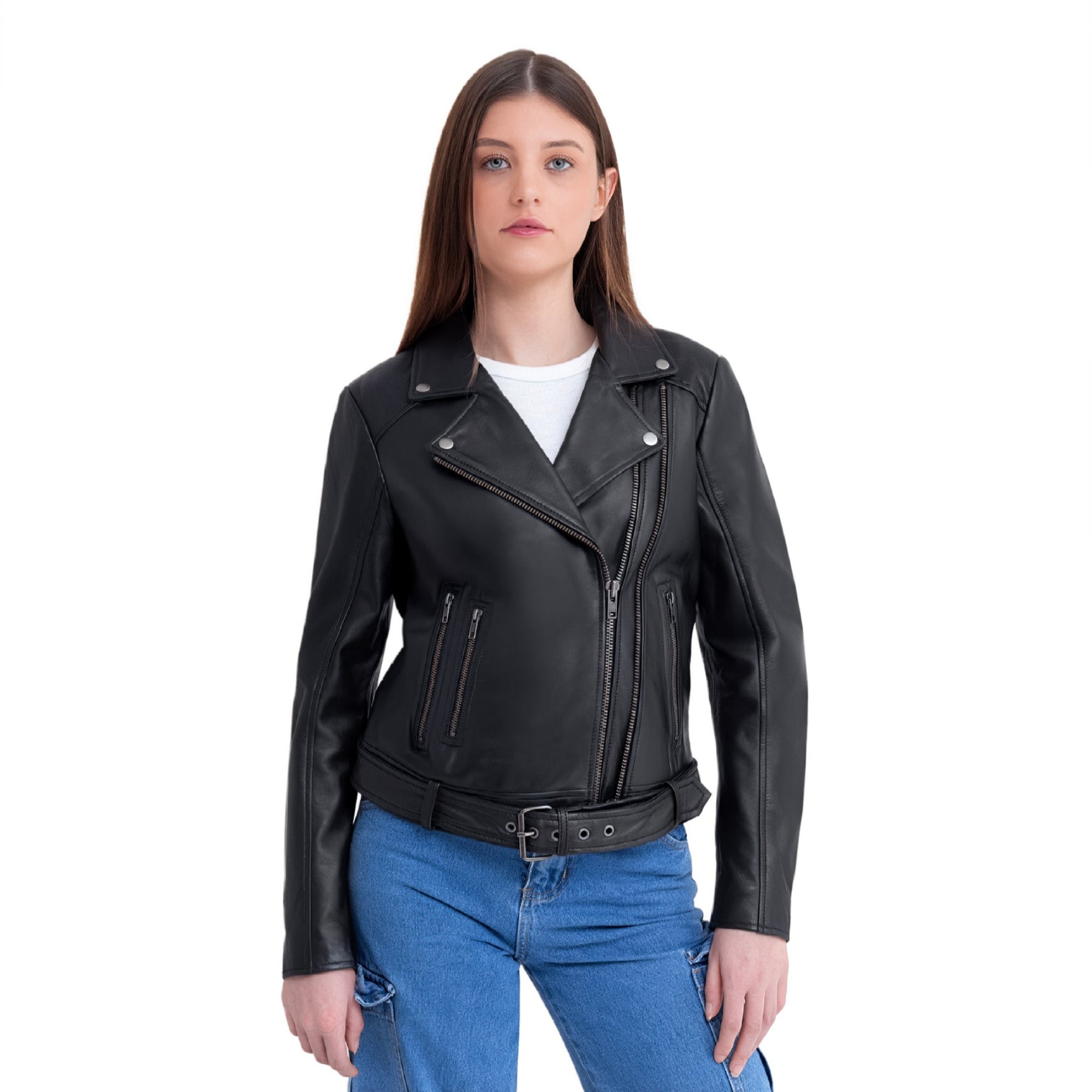 Adeline Women's Double Asymmetrical Zipper Leather Jacket