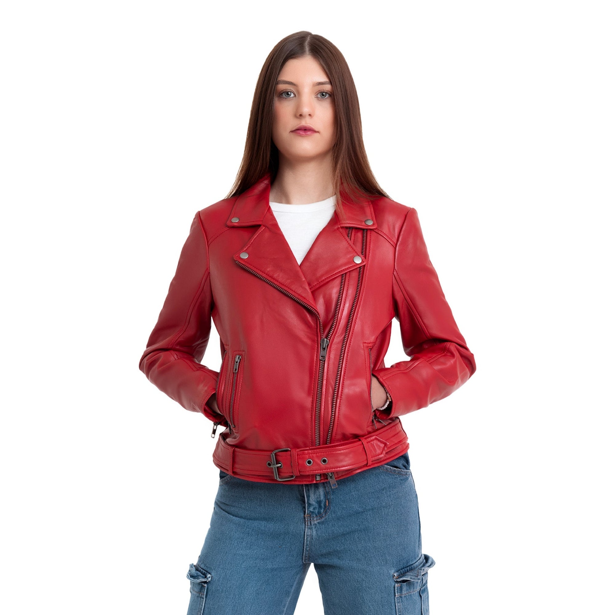 Adeline Women's Double Asymmetrical Zipper Leather Jacket