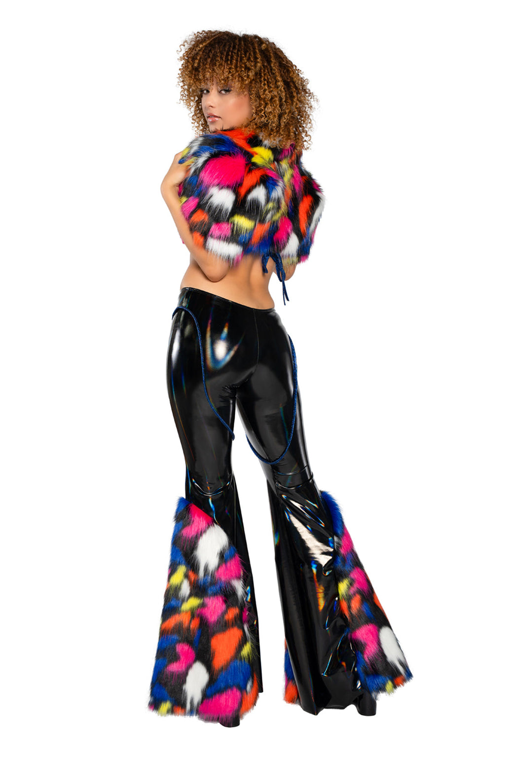 Holo PVC/Faux Fur Bell-Bottom Pant