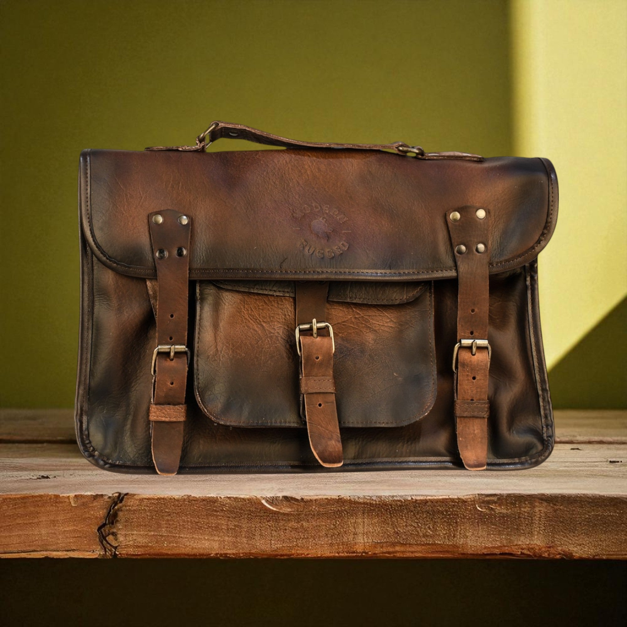 Bovine Leather Twin Strap Laptop Bag - Brown
