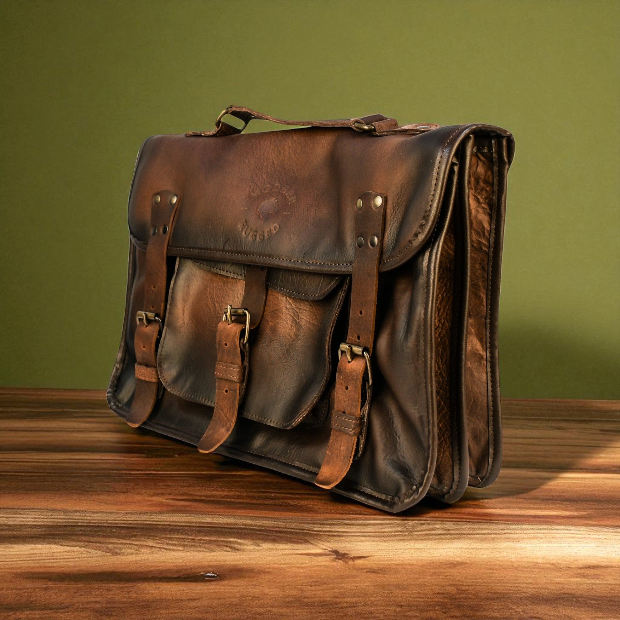 Bovine Leather Twin Strap Laptop Bag - Brown