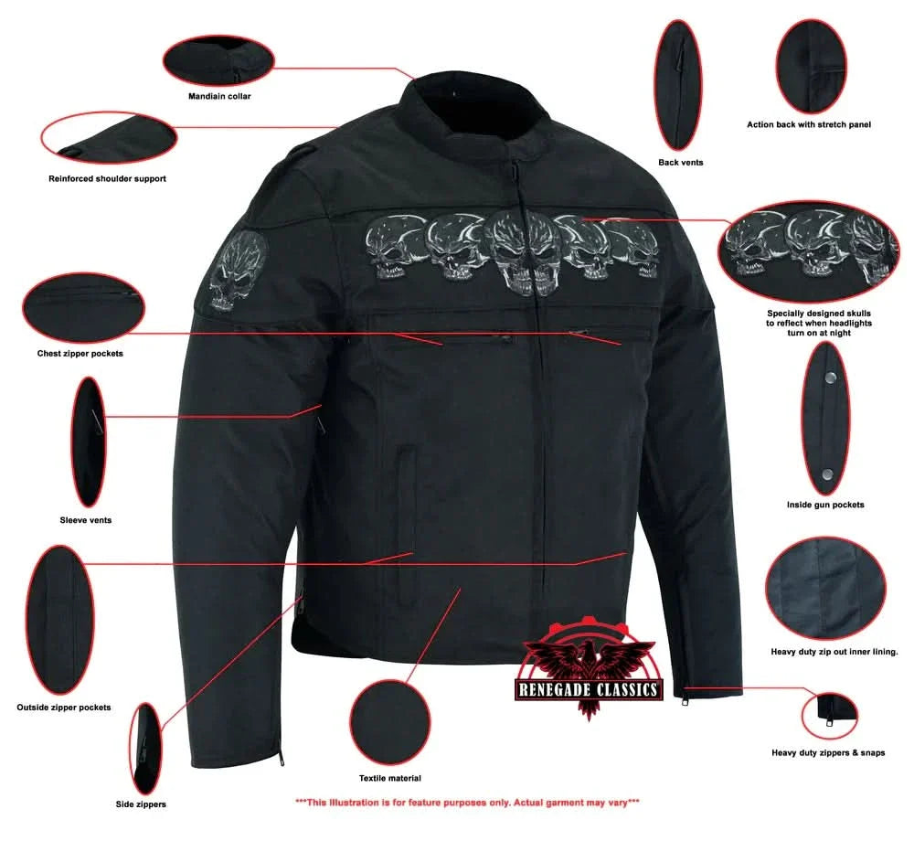 Men's Textile Scooter Style Jacket w/ Reflective Skulls