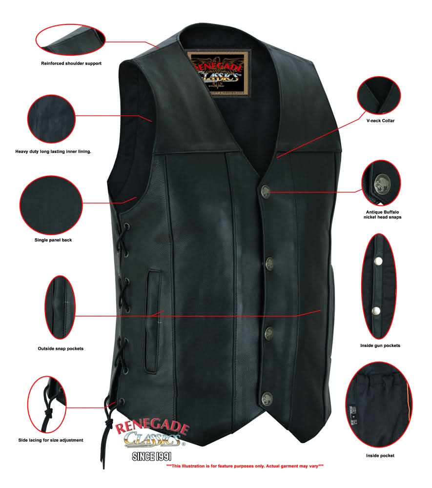 Hawk Men's Classic Black Leather Motorcycle Vest