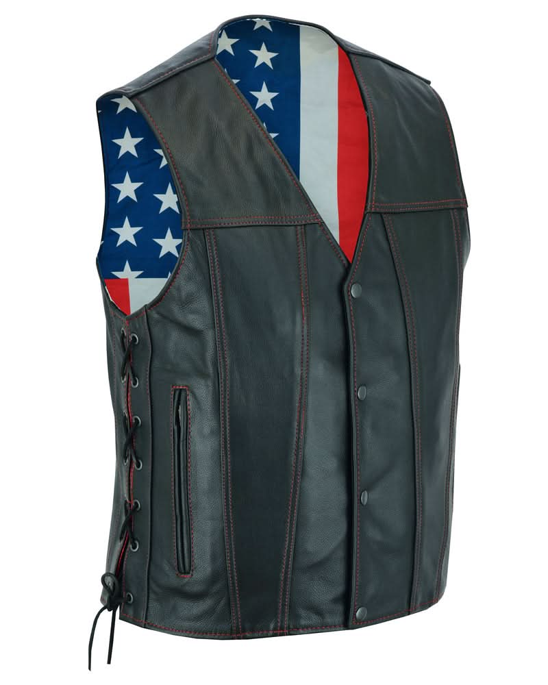 Men's Honor Ride Black Leather Motorcycle with Vest Red Stitching