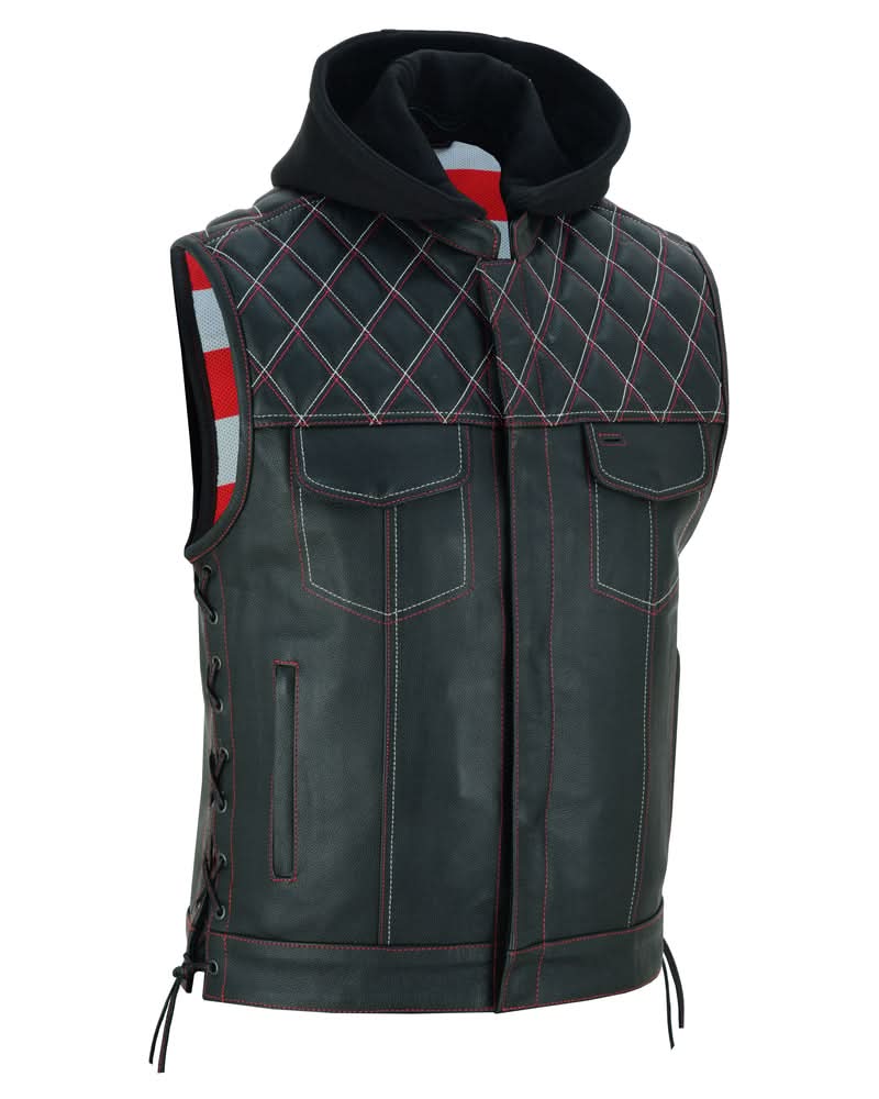 Men's Road Edge Leather Black Vest – Removable Hood