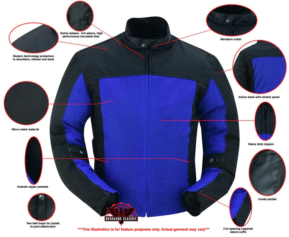Cross Wind Micro Mesh Mens Motorcycle Jacket - Blue
