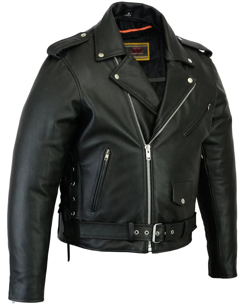 Men's Classic Side Lace Police Black Leather Motorcycle Jacket