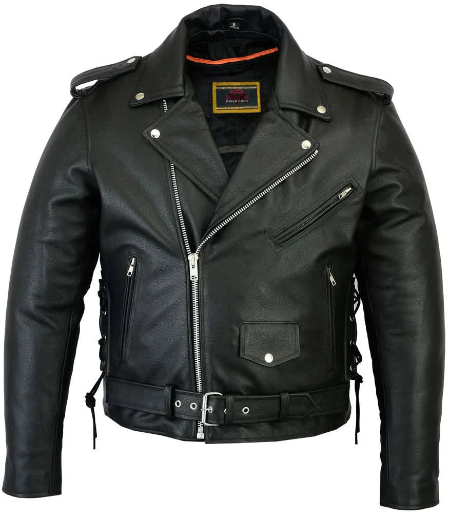 Men's Classic Side Lace Police Black Leather Motorcycle Jacket