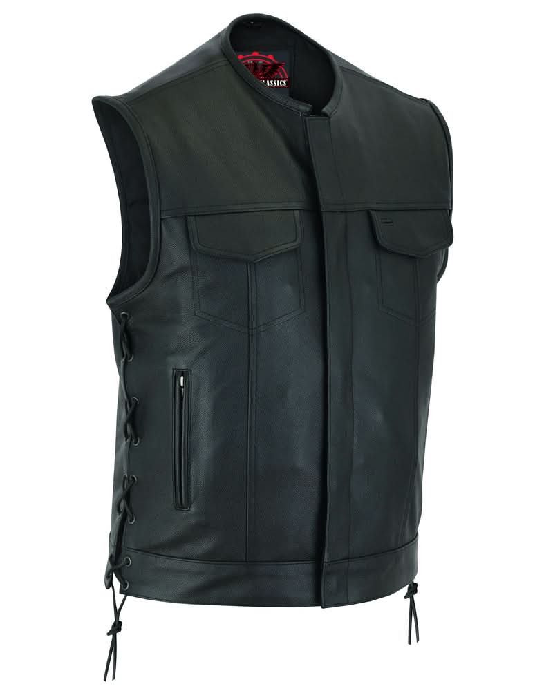 Men's Combat Black motorcycle Leather Vest - Gun Pockets & Side Laces