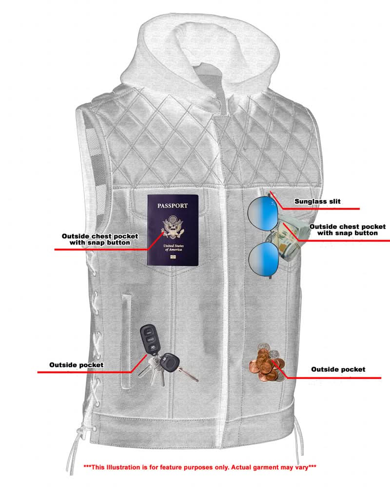 Men's Road Edge Leather Black Vest – Removable Hood
