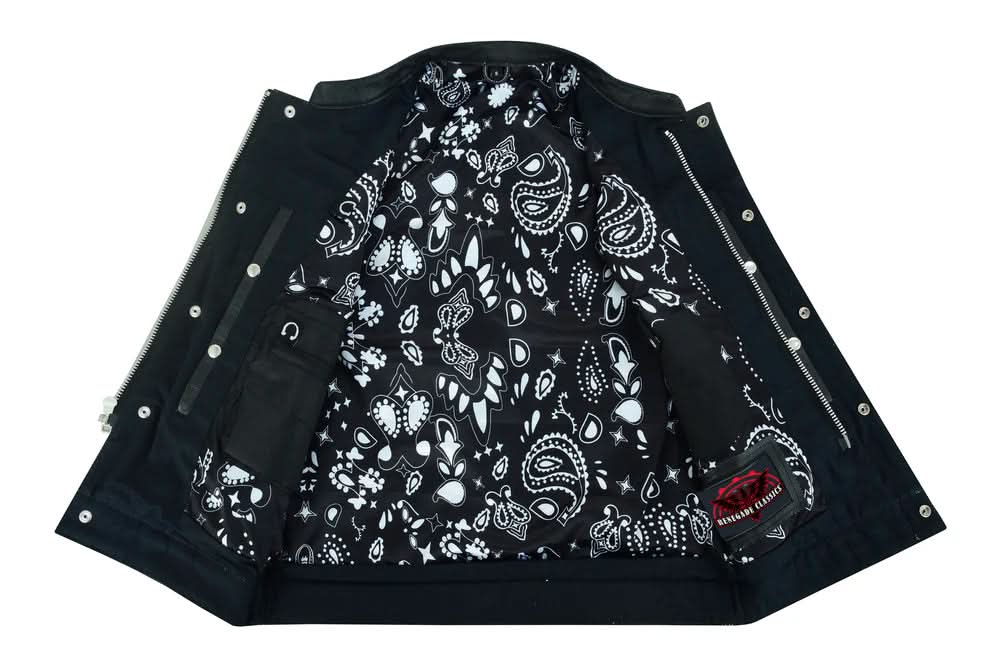 Men's Paisley Black Leather Motorcycle Vest with White Stitching