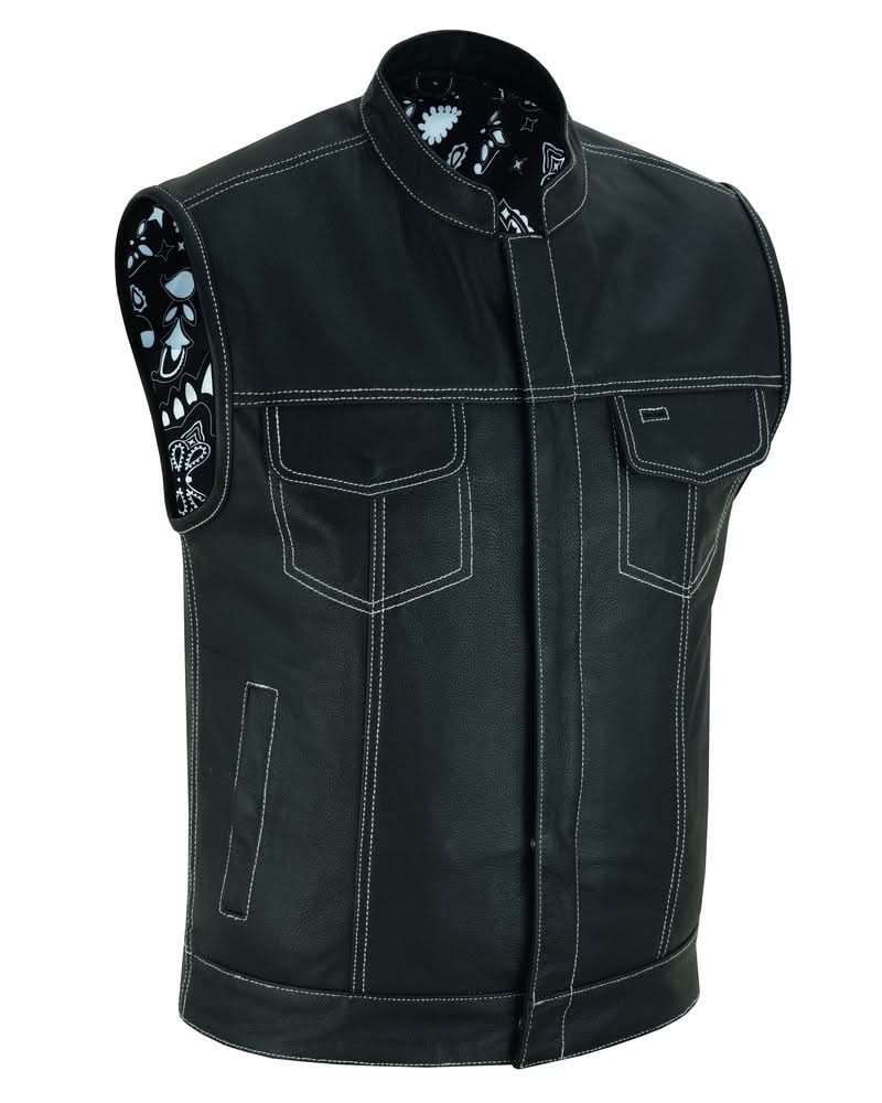 Men's Paisley Black Leather Motorcycle Vest with White Stitching