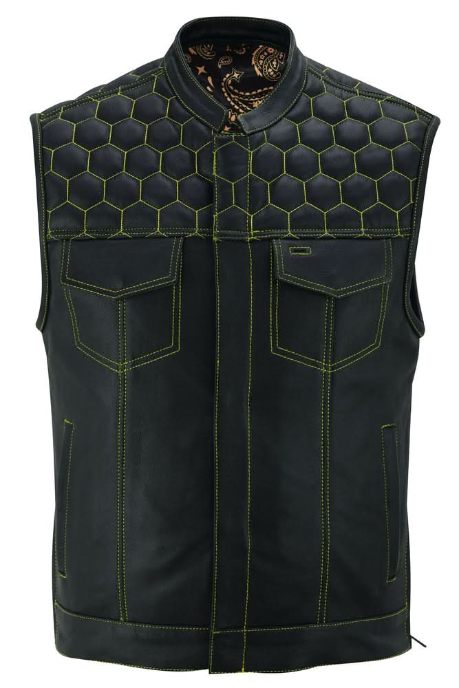 Men's Gold Rush Black Leather Vest - Yellow Stitching