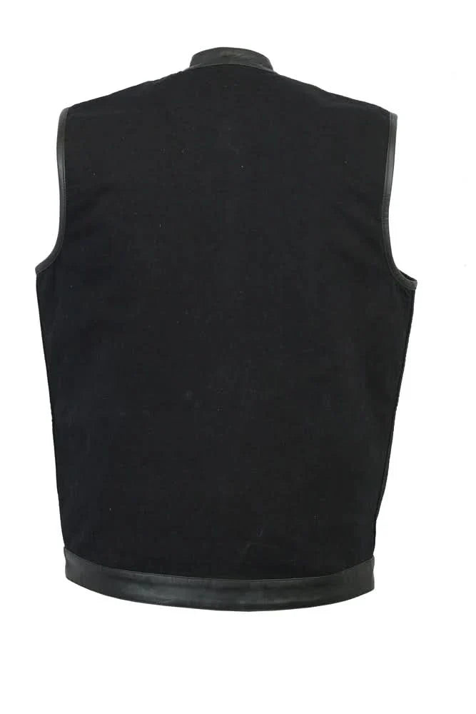 Men's Black Denim Single Panel Concealment Vest W/ Leather Trim