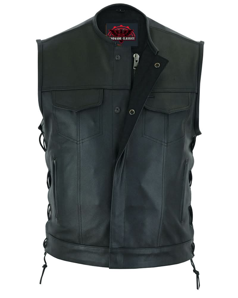 Men's Combat Black motorcycle Leather Vest - Gun Pockets & Side Laces