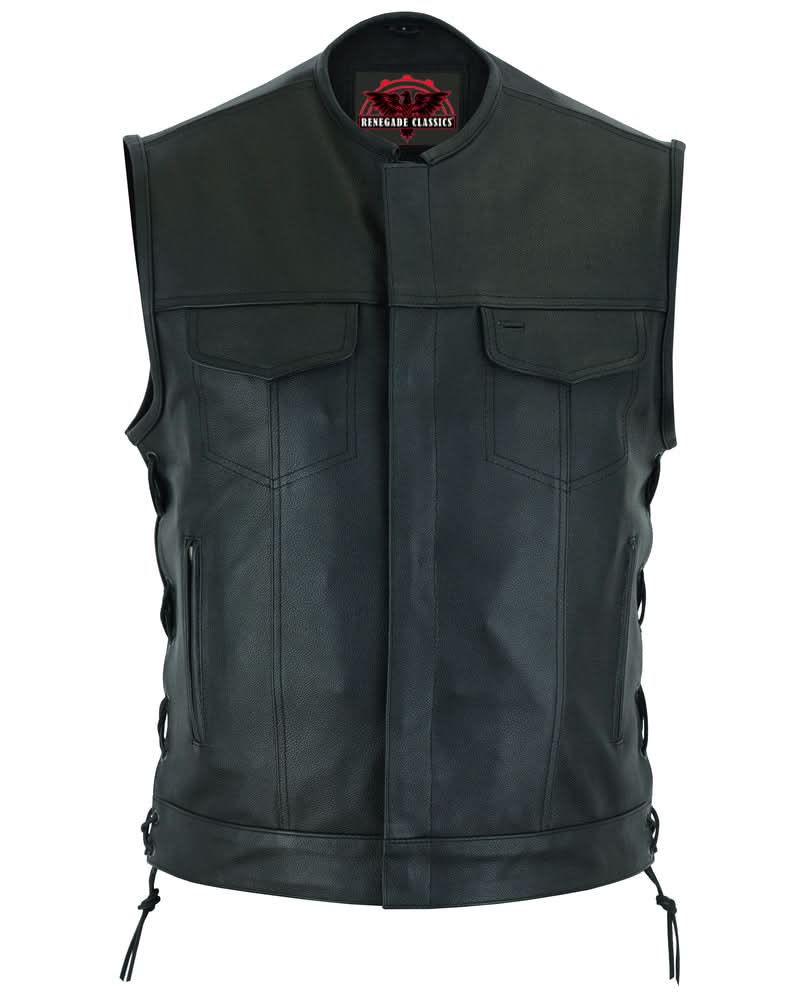 Men's Combat Black motorcycle Leather Vest - Gun Pockets & Side Laces
