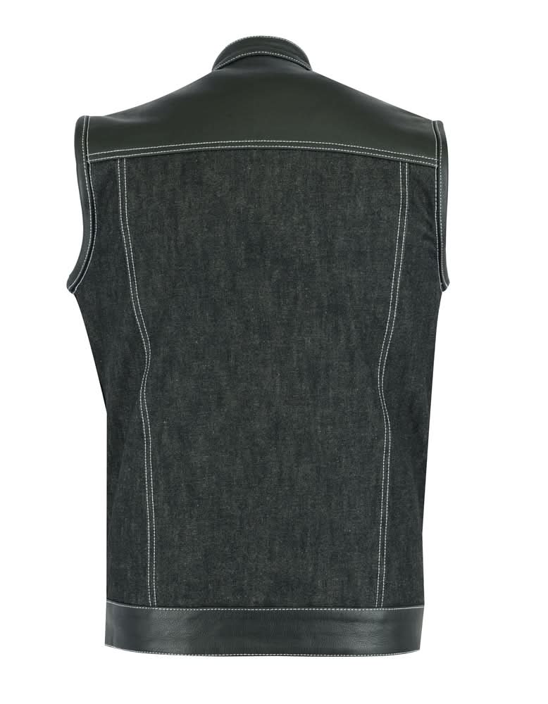 Men's Leather-Denim Combo Motorcycle Vest w/ Scoop Collar