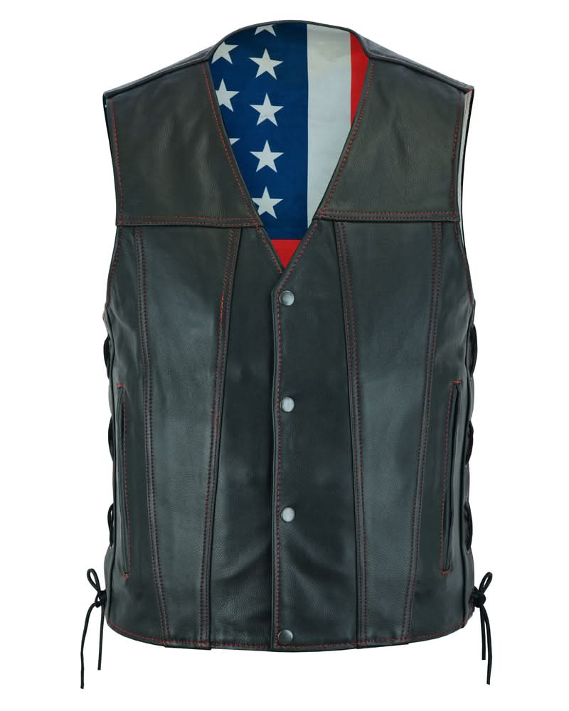 Men's Honor Ride Black Leather Motorcycle with Vest Red Stitching